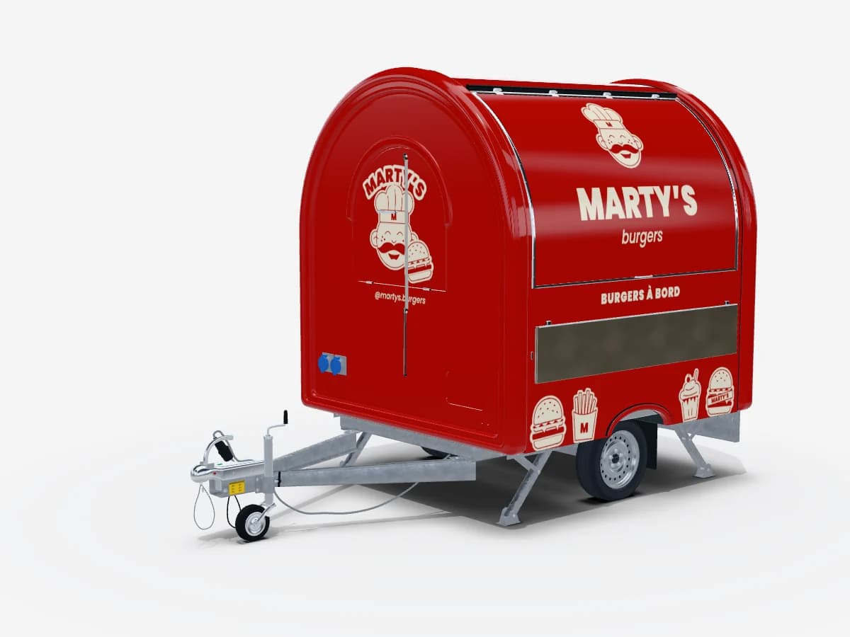 Folierung (Covering) auf dem Food-Truck-Anhänger Chef+ AIR 220, 3D-Vorschau im Design einer Burgermarke